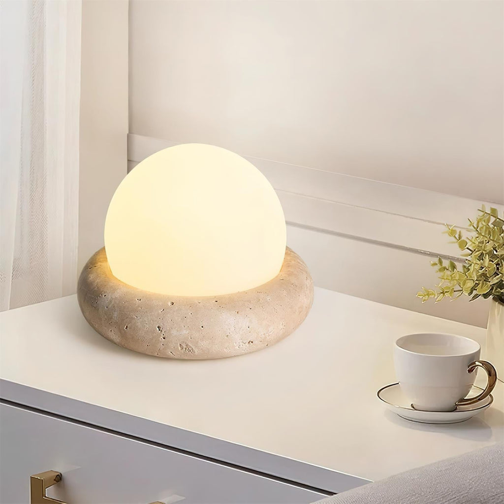 Travertine Globe Table Lamp With Rechargeable LED And Stone Base