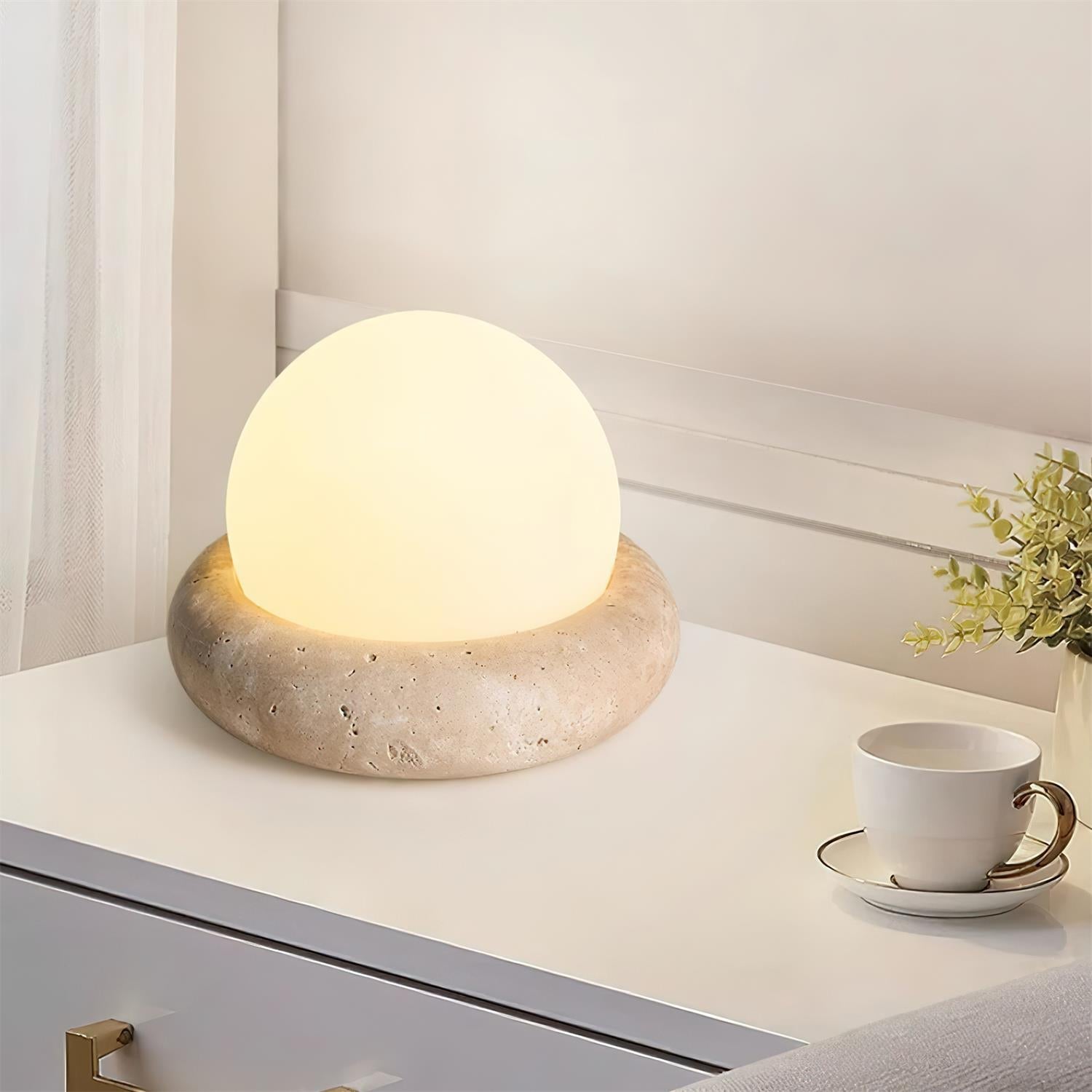 Travertine Globe Table Lamp With Rechargeable LED And Stone Base