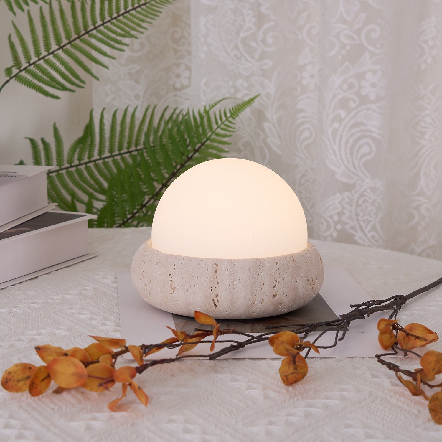 Travertine Globe Table Lamp With Rechargeable LED And Stone Base