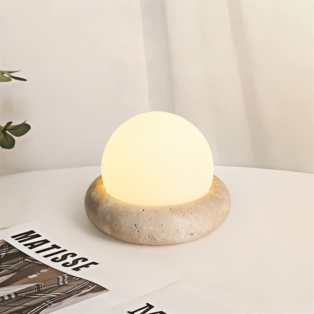 Travertine Globe Table Lamp With Rechargeable LED And Stone Base