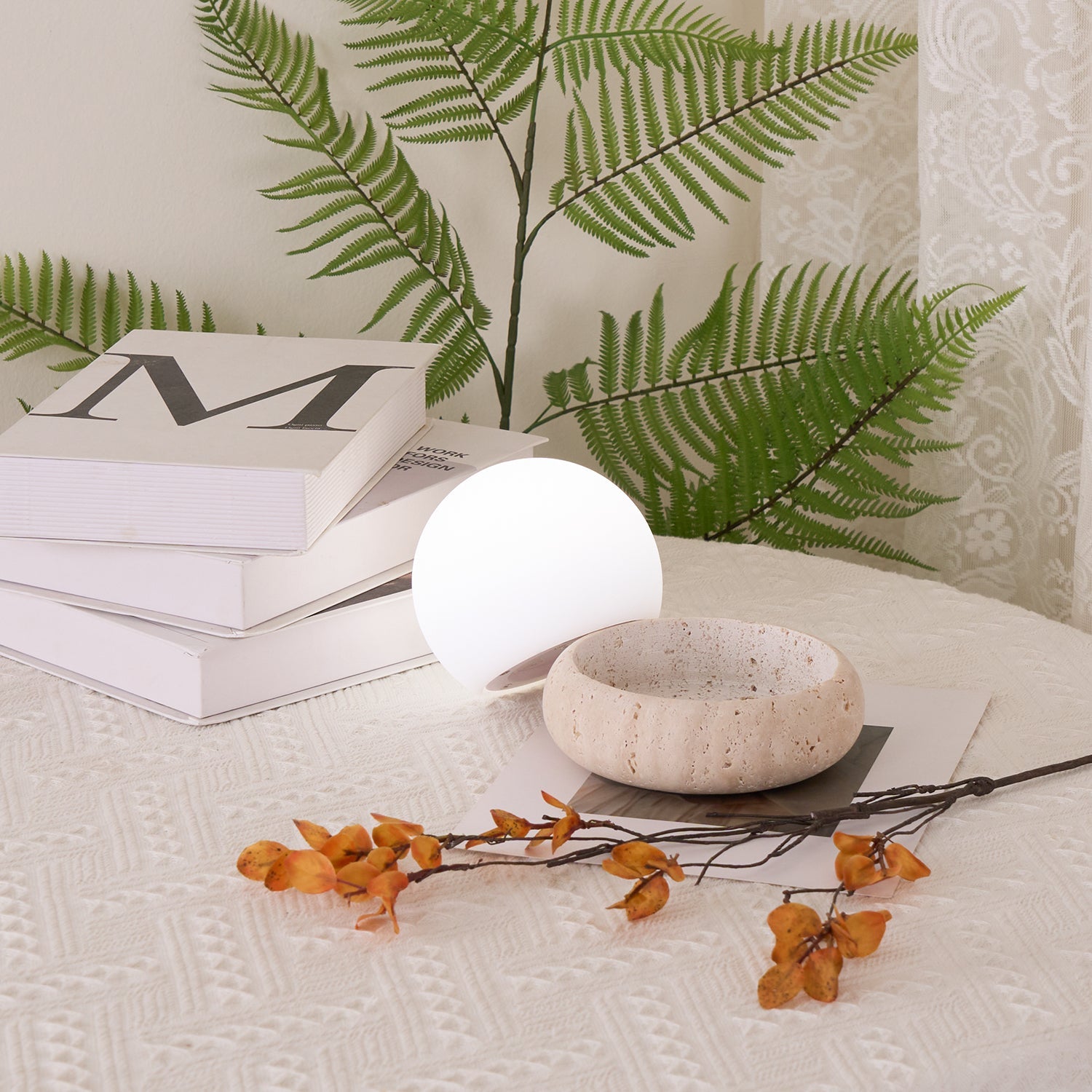 Travertine Globe Table Lamp With Rechargeable LED And Stone Base