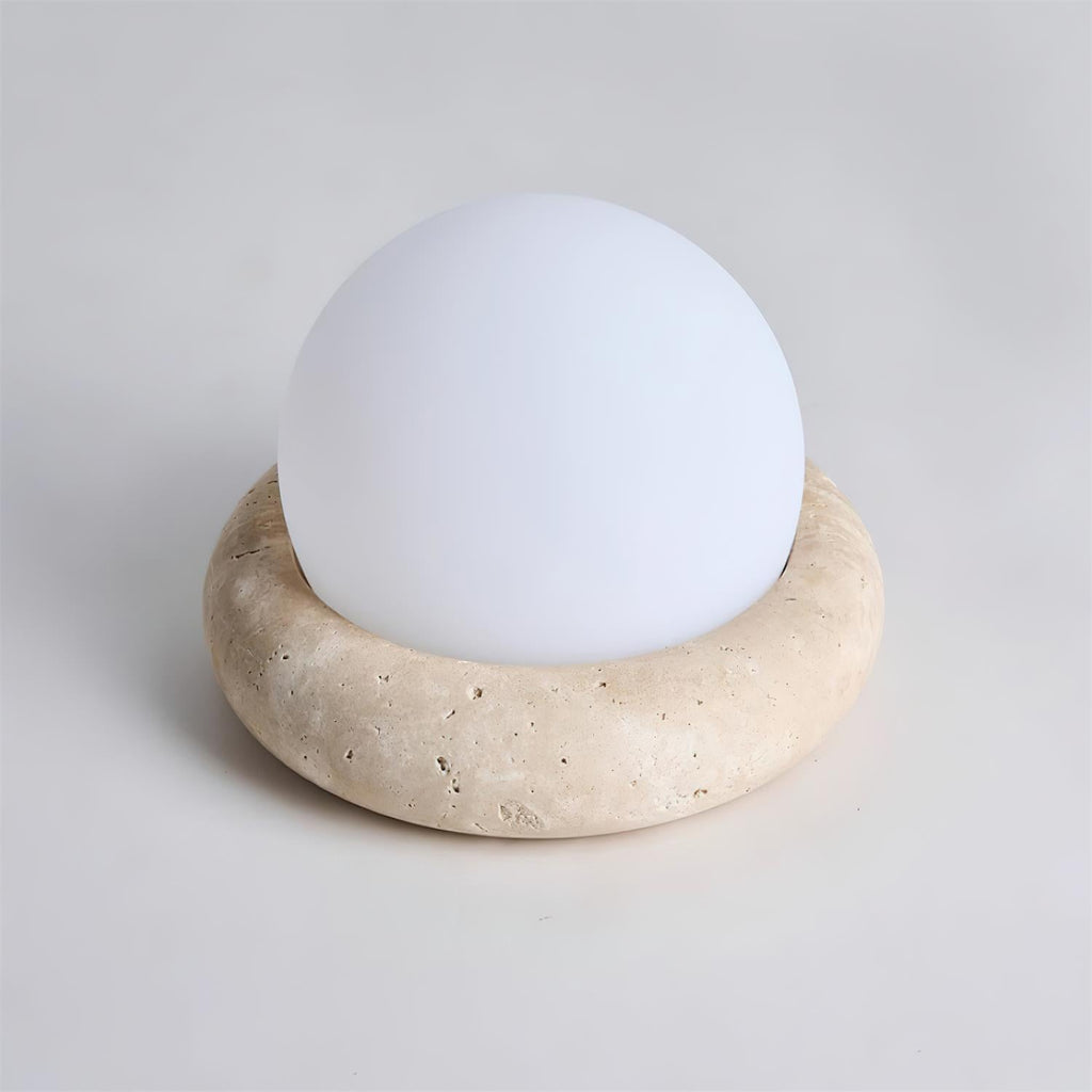 Travertine Globe Table Lamp With Rechargeable LED And Stone Base