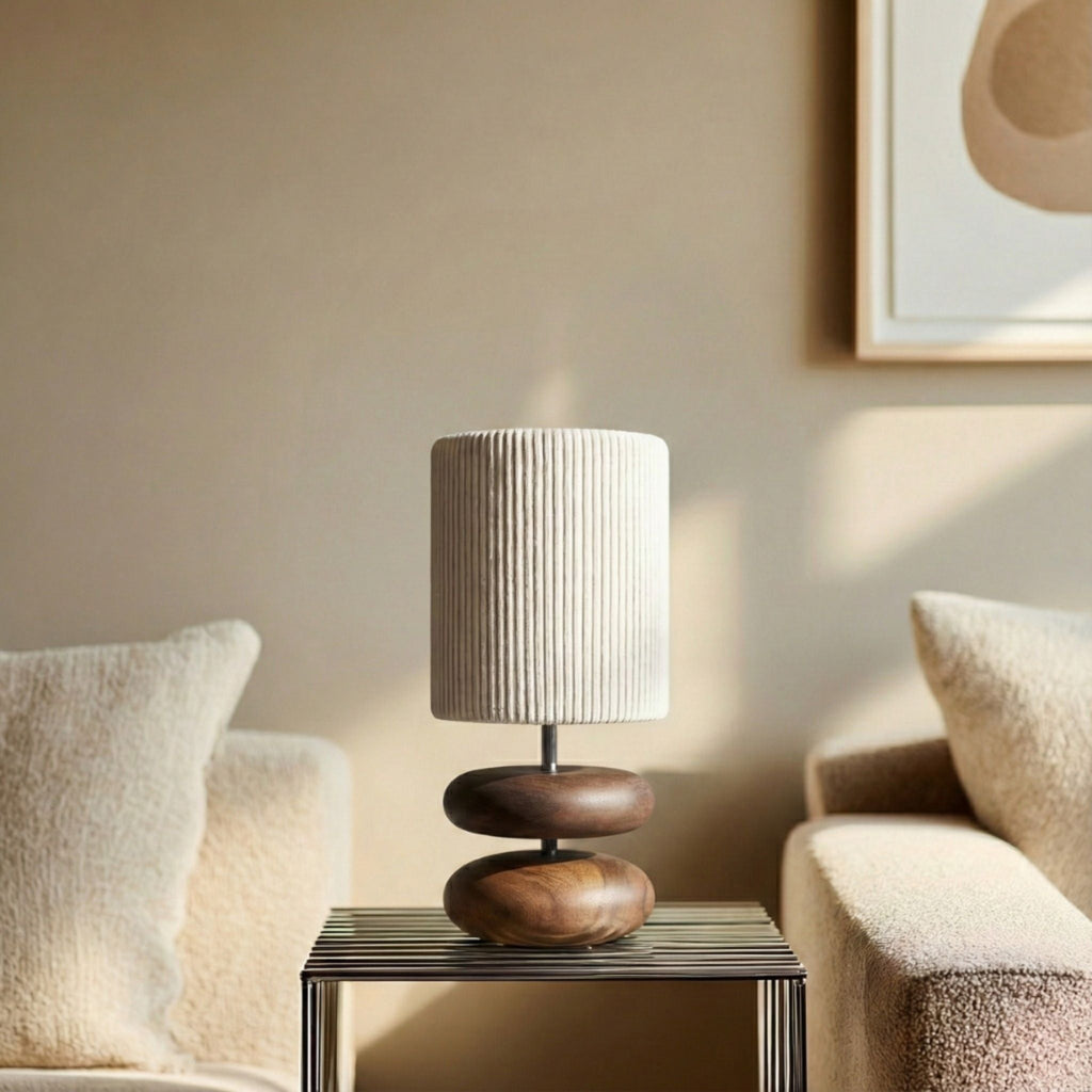 Scandinavian Wood Base Table Lamp with Textured Shade